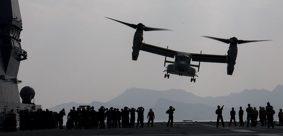KUMAMOTO, Japan (April 19, 2016) An MV-22B Osprey aircraft from Marine Medium Tilitrotor Squadron (VMM) 265 attached to the 31st Marine Expeditionary Unit departs JS Hyuga (DDH 181) in support of the Government of Japan