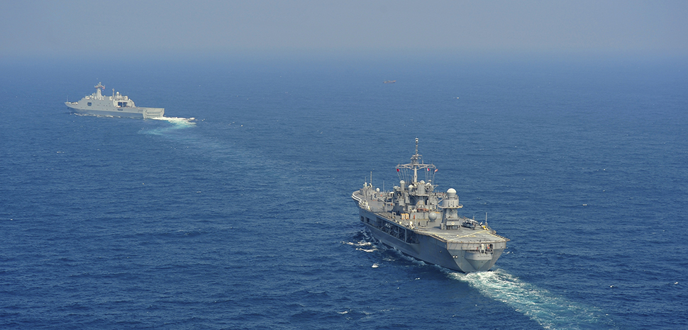 150424-N-NM917-049 SOUTH CHINA SEA (April 24, 2015) - The U.S. 7th Fleet flagship USS Blue Ridge (LCC 19), and CNS Qilianshan (LPD 999) of the People