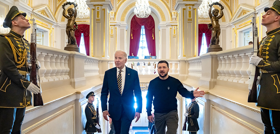 cc White House, modified, https://commons.wikimedia.org/w/index.php?search=zelensky%20biden&ns0=1&ns6=1&ns12=1&ns14=1&ns100=1&ns106=1#/media/File:P20230220AS-0567_(52734317347).jpg  President Joe Biden meets with Ukrainian President Volodymyr Zelenskyy at Mariinsky Palace, Monday, February 20, 2023, during an unannounced trip to Kyiv, Ukraine. (Official White House Photo by Adam Schultz)