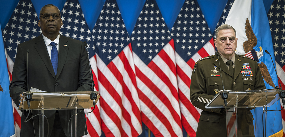 Secretary of Defense Lloyd J. Austin III and Chairman of the Joint Chiefs of Staff, Gen. Mark A. Milley answer questions during a press conference at NATO headquarters, Brussels, Belgium, Feb. 14, 2023. Austin hosted the ninth meeting of the Ukraine Defense Contact Group that brought together 54 countries for continuing discussions on support to Ukraine in its war with Russia. (DoD photo by Chad J. McNeeley)